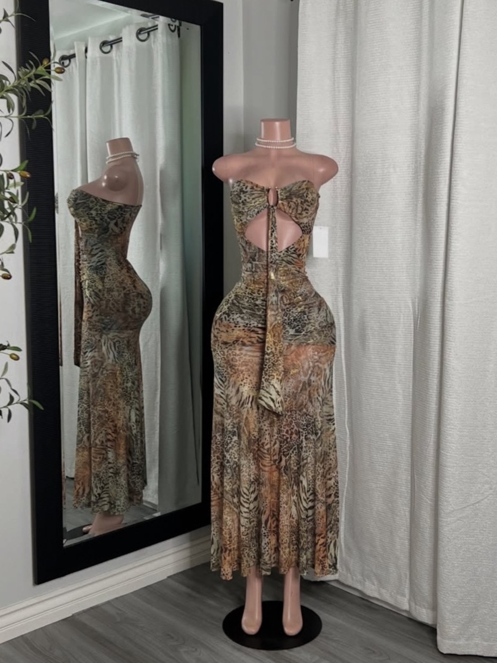 Animal Print Cutout Maxi Dress - Brown/Tan/Green